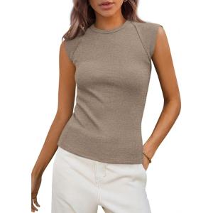 PRETTYGARDEN Women’s Ribbed Tank Tops 2026 Summer Cap Sleeve Slim Fitted Knit Basic Casual Tee Shirts Trendy Fashion Clothes(Dark Khaki)