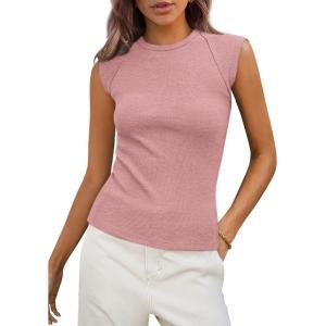 PRETTYGARDEN Women’s Ribbed Tank Tops 2026 Summer Cap Sleeve Slim Fitted Knit Basic Casual Tee Shirts Trendy Fashion Clothes(Dusty Pink)