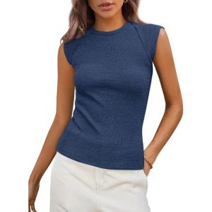 PRETTYGARDEN Women’s Ribbed Tank Tops 2026 Summer Cap Sleeve Slim Fitted Knit Basic Casual Tee Shirts Trendy Fashion Clothes(Grey Blue)