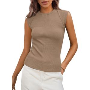 PRETTYGARDEN Women’s Ribbed Tank Tops 2026 Summer Cap Sleeve Slim Fitted Knit Basic Casual Tee Shirts Trendy Fashion Clothes(Khaki)