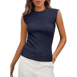 PRETTYGARDEN Women’s Ribbed Tank Tops 2026 Summer Cap Sleeve Slim Fitted Knit Basic Casual Tee Shirts Trendy Fashion Clothes(Navy)