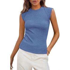 PRETTYGARDEN Women’s Ribbed Tank Tops 2026 Summer Cap Sleeve Slim Fitted Knit Basic Casual Tee Shirts Trendy Fashion Clothes(Sky Blue)