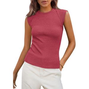 PRETTYGARDEN Women’s Ribbed Tank Tops 2026 Summer Cap Sleeve Slim Fitted Knit Basic Casual Tee Shirts Trendy Fashion Clothes(Watermelon Red)