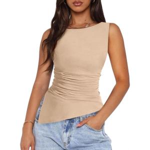 PRETTYGARDEN Womens Ruched Tank Tops 2026 Summer Sleeveless Slim Fit T Shirts Blouses Going Out Y2K Fashion Clothes(Apricot)