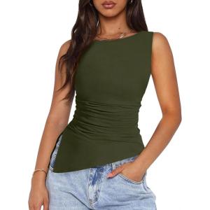 PRETTYGARDEN Womens Ruched Tank Tops 2026 Summer Sleeveless Slim Fit T Shirts Blouses Going Out Y2K Fashion Clothes(Army Green)