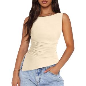 PRETTYGARDEN Womens Ruched Tank Tops 2026 Summer Sleeveless Slim Fit T Shirts Blouses Going Out Y2K Fashion Clothes(Beige)