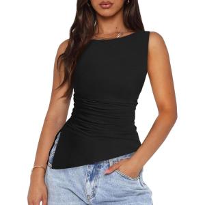 PRETTYGARDEN Womens Ruched Tank Tops 2026 Summer Sleeveless Slim Fit T Shirts Blouses Going Out Y2K Fashion Clothes(Black)