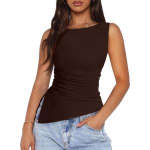 PRETTYGARDEN Womens Ruched Tank Tops 2026 Summer Sleeveless Slim Fit T Shirts Blouses Going Out Y2K Fashion Clothes(Brown)