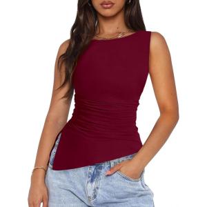 PRETTYGARDEN Womens Ruched Tank Tops 2026 Summer Sleeveless Slim Fit T Shirts Blouses Going Out Y2K Fashion Clothes(Burgundy)