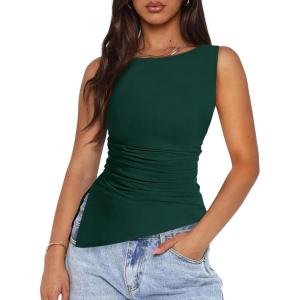 PRETTYGARDEN Womens Ruched Tank Tops 2026 Summer Sleeveless Slim Fit T Shirts Blouses Going Out Y2K Fashion Clothes(Dark Green)