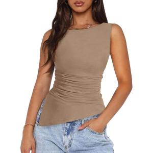 PRETTYGARDEN Womens Ruched Tank Tops 2026 Summer Sleeveless Slim Fit T Shirts Blouses Going Out Y2K Fashion Clothes(Khaki)