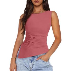 PRETTYGARDEN Womens Ruched Tank Tops 2026 Summer Sleeveless Slim Fit T Shirts Blouses Going Out Y2K Fashion Clothes(Pink)