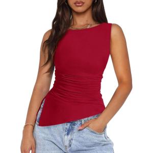 PRETTYGARDEN Womens Ruched Tank Tops 2026 Summer Sleeveless Slim Fit T Shirts Blouses Going Out Y2K Fashion Clothes(Red)