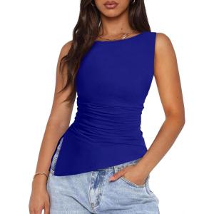 PRETTYGARDEN Womens Ruched Tank Tops 2026 Summer Sleeveless Slim Fit T Shirts Blouses Going Out Y2K Fashion Clothes(Royal Blue)