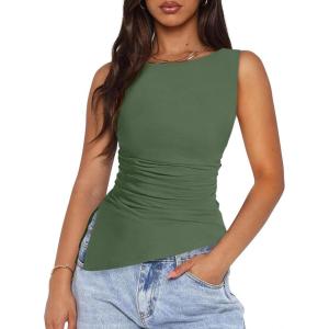PRETTYGARDEN Womens Ruched Tank Tops 2026 Summer Sleeveless Slim Fit T Shirts Blouses Going Out Y2K Fashion Clothes(Sage Green)