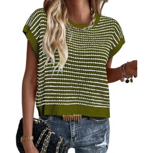 PRETTYGARDEN Womens Short Sleeve Sweater Spring Summer 2025 Round Neck Striped Pullover Cap Sleeve Knit Sweater Vest Tops(Army Green)