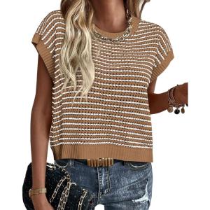 PRETTYGARDEN Womens Short Sleeve Sweater Spring Summer 2025 Round Neck Striped Pullover Cap Sleeve Knit Sweater Vest Tops(Dark Khaki)