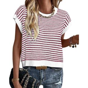 PRETTYGARDEN Womens Short Sleeve Sweater Spring Summer 2025 Round Neck Striped Pullover Cap Sleeve Knit Sweater Vest Tops(Red)