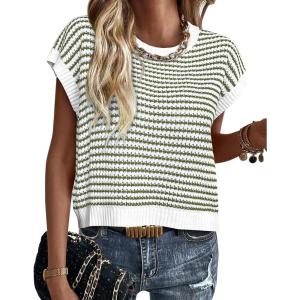 PRETTYGARDEN Womens Short Sleeve Sweater Spring Summer 2025 Round Neck Striped Pullover Cap Sleeve Knit Sweater Vest Tops(Striped White Army Green)