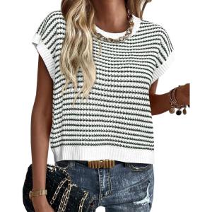 PRETTYGARDEN Womens Short Sleeve Sweater Spring Summer 2025 Round Neck Striped Pullover Cap Sleeve Knit Sweater Vest Tops(Striped White Dark Green)