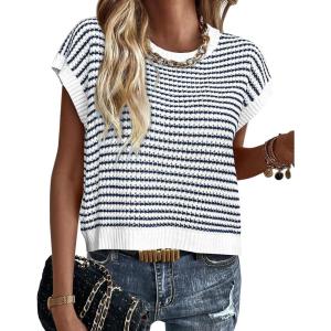 PRETTYGARDEN Womens Short Sleeve Sweater Spring Summer 2025 Round Neck Striped Pullover Cap Sleeve Knit Sweater Vest Tops(Striped White Navy)