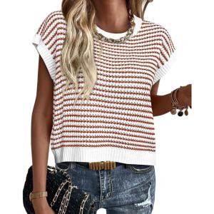 PRETTYGARDEN Womens Short Sleeve Sweater Spring Summer 2025 Round Neck Striped Pullover Cap Sleeve Knit Sweater Vest Tops(Striped White Red)