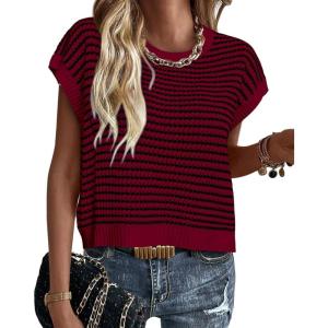 PRETTYGARDEN Womens Short Sleeve Sweater Spring Summer 2025 Round Neck Striped Pullover Cap Sleeve Knit Sweater Vest Tops(Wine Red)