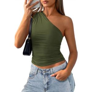 PRETTYGARDEN Womens Sleeveless One Shoulder Tank Top Ruched Slim Fit Shirts Basic Crop Y2k Tops 2026 Spring Fashion Clothing(Army Green)