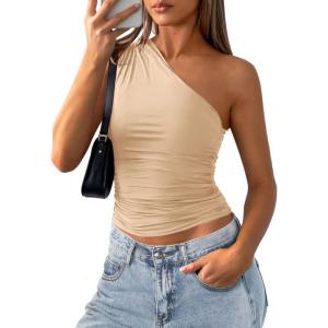 PRETTYGARDEN Womens Sleeveless One Shoulder Tank Top Ruched Slim Fit Shirts Basic Crop Y2k Tops 2026 Spring Fashion Clothing(Light Khaki)