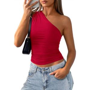 PRETTYGARDEN Womens Sleeveless One Shoulder Tank Top Ruched Slim Fit Shirts Basic Crop Y2k Tops 2026 Spring Fashion Clothing(Red)