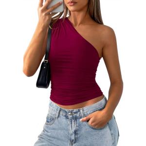 PRETTYGARDEN Womens Sleeveless One Shoulder Tank Top Ruched Slim Fit Shirts Basic Crop Y2k Tops 2026 Spring Fashion Clothing(Wine Red)
