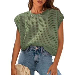 PRETTYGARDEN Womens Spring Tops 2026 Summer Shirts Crochet Cap Sleeve Sweater Pullover Cute Beach Vacation Clothes(Bean Green)