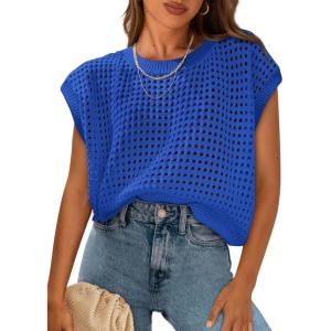 PRETTYGARDEN Womens Spring Tops 2026 Summer Shirts Crochet Cap Sleeve Sweater Pullover Cute Beach Vacation Clothes(Blue)