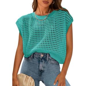 PRETTYGARDEN Womens Spring Tops 2026 Summer Shirts Crochet Cap Sleeve Sweater Pullover Cute Beach Vacation Clothes(Blue Green)