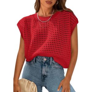 PRETTYGARDEN Womens Spring Tops 2026 Summer Shirts Crochet Cap Sleeve Sweater Pullover Cute Beach Vacation Clothes(Dark Orange)