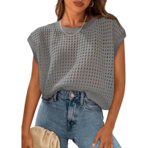PRETTYGARDEN Womens Spring Tops 2026 Summer Shirts Crochet Cap Sleeve Sweater Pullover Cute Beach Vacation Clothes(Grey)
