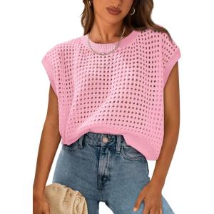PRETTYGARDEN Womens Spring Tops 2026 Summer Shirts Crochet Cap Sleeve Sweater Pullover Cute Beach Vacation Clothes(Pink)