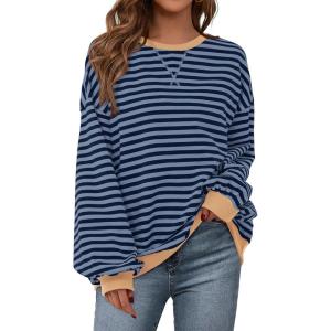 PRETTYGARDEN Womens Striped Oversized Sweatshirt Color Block Crew Neck Long Sleeve Casual Loose Pullover Top Y2K Clothes(Blue Navy)