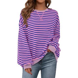 PRETTYGARDEN Womens Striped Oversized Sweatshirt Color Block Crew Neck Long Sleeve Casual Loose Pullover Top Y2K Clothes(Blue Pink)