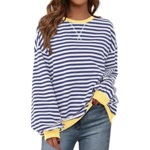 PRETTYGARDEN Womens Striped Oversized Sweatshirt Color Block Crew Neck Long Sleeve Casual Loose Pullover Top Y2K Clothes(Dark Blue White)