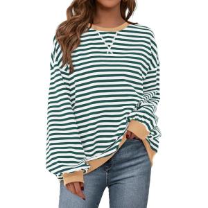 PRETTYGARDEN Womens Striped Oversized Sweatshirt Color Block Crew Neck Long Sleeve Casual Loose Pullover Top Y2K Clothes(Green White)