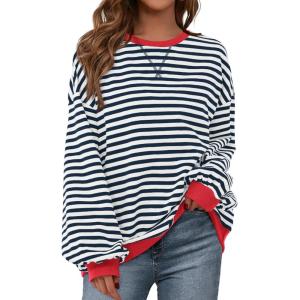 PRETTYGARDEN Womens Striped Oversized Sweatshirt Color Block Crew Neck Long Sleeve Casual Loose Pullover Top Y2K Clothes(Navy White)