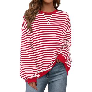 PRETTYGARDEN Womens Striped Oversized Sweatshirt Color Block Crew Neck Long Sleeve Casual Loose Pullover Top Y2K Clothes(Red White)