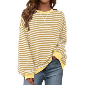 PRETTYGARDEN Womens Striped Oversized Sweatshirt Color Block Crew Neck Long Sleeve Casual Loose Pullover Top Y2K Clothes(Yellow White)