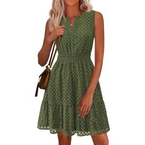 PRETTYGARDEN Women’s Summer Dresses 2026 Sleeveless V Neck Eyelet Hollow Out Swing A Line Beach Vacation Sun Dress(Army Green)