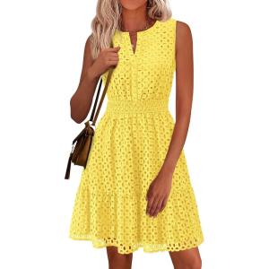 PRETTYGARDEN Women’s Summer Dresses 2026 Sleeveless V Neck Eyelet Hollow Out Swing A Line Beach Vacation Sun Dress(Yellow)