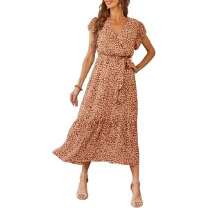 PRETTYGARDEN Women’s Summer Floral Boho Maxi Dress Short Sleeve Wrap V Neck Ruffle Long Flowy Beach Wedding Guest Dresses(Coffee)