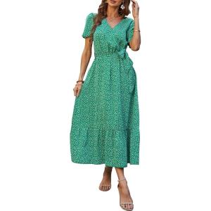 PRETTYGARDEN Women’s Summer Floral Boho Maxi Dress Short Sleeve Wrap V Neck Ruffle Long Flowy Beach Wedding Guest Dresses(Green Floral)