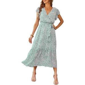 PRETTYGARDEN Women’s Summer Floral Boho Maxi Dress Short Sleeve Wrap V Neck Ruffle Long Flowy Beach Wedding Guest Dresses(Green_01)