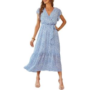PRETTYGARDEN Women’s Summer Floral Boho Maxi Dress Short Sleeve Wrap V Neck Ruffle Long Flowy Beach Wedding Guest Dresses(Light Blue)